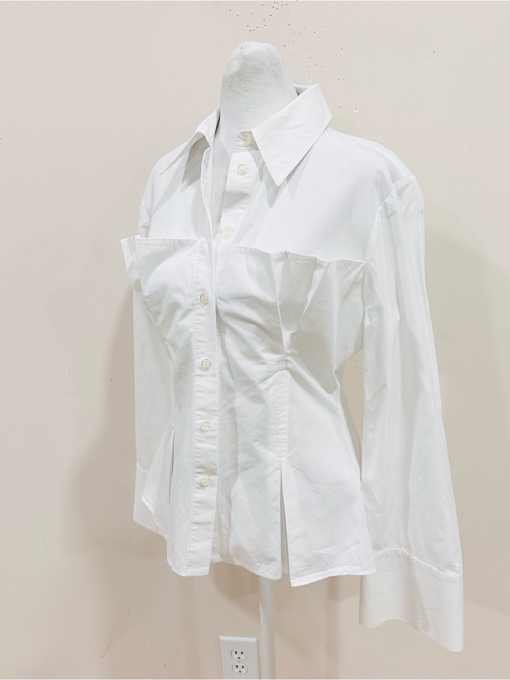 Zara White Poplin Corset Shirt Pleated Waist Ext Cuff Blouse M - Picture 4 of 12
